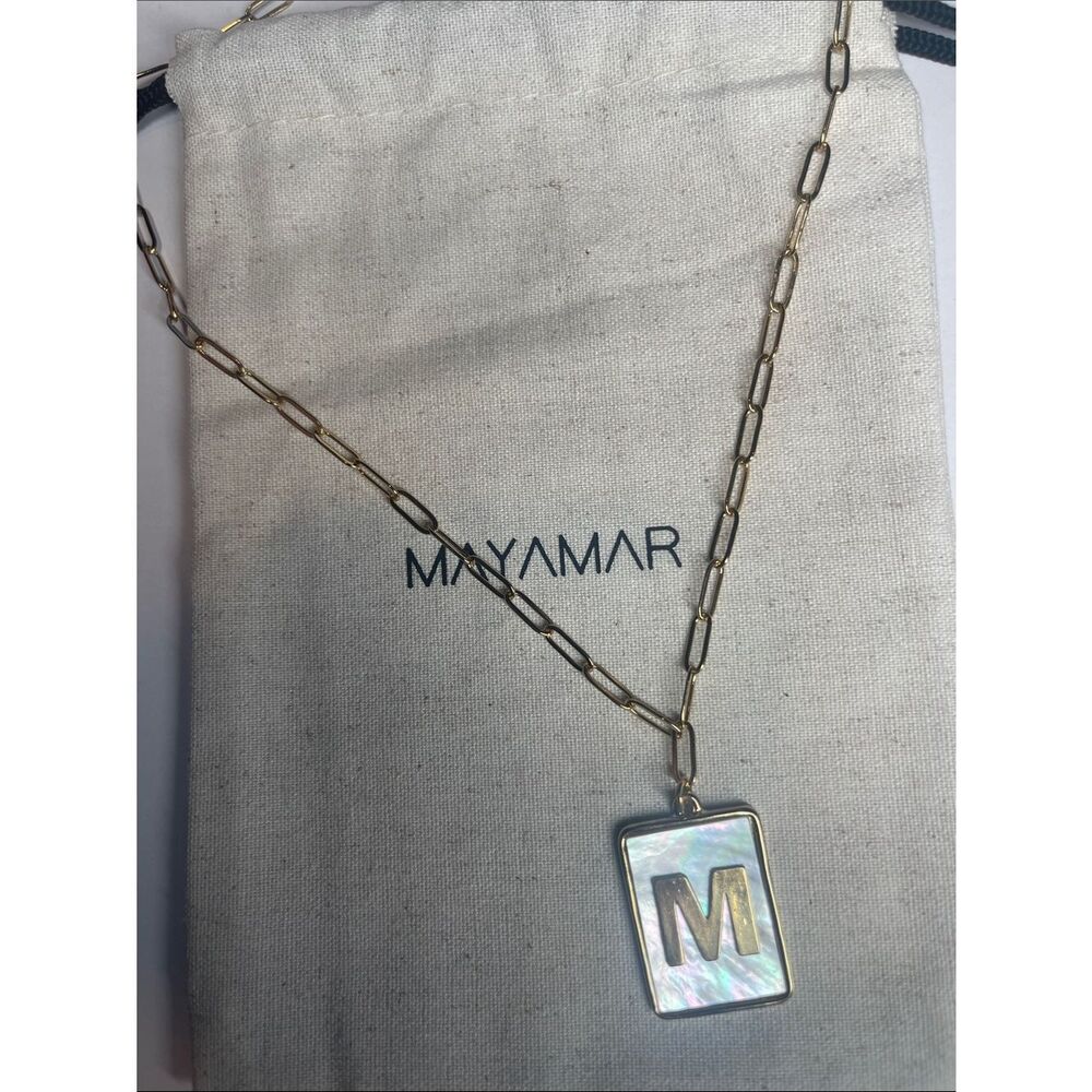 Gold M Rectangle Pendant Paperclip Necklace with Mother-of-Pearl by Mayamar